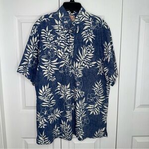 Go Barefoot Men's Hawaiian Aloha Tropical‎ Leaves Large Blue Shirt 100% cotton